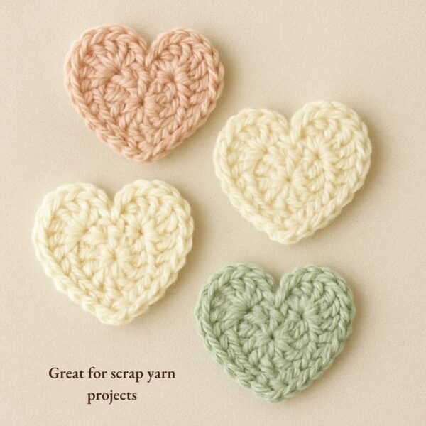 Crochet heart appliqués in pastel shades – scrap yarn friendly Valentine project