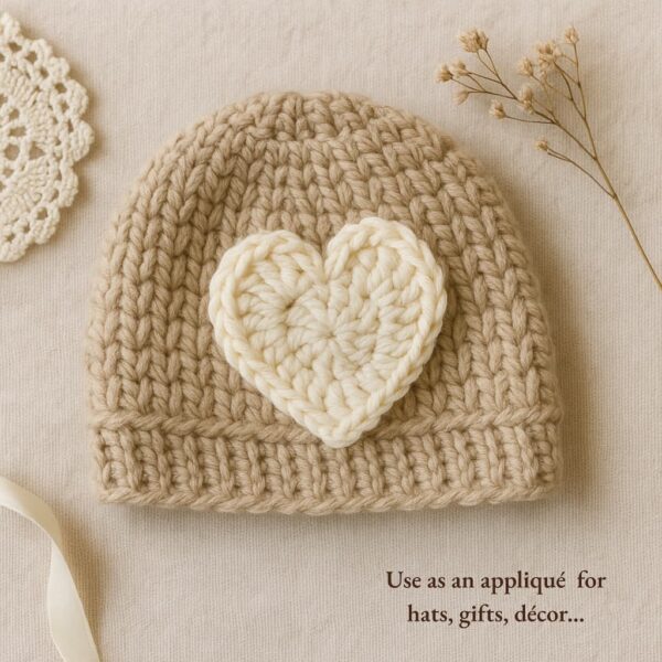 Handmade crochet heart appliqué on hat – perfect for gifts, accessories, and Valentine’s Day