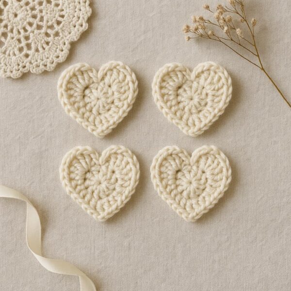 Set of four crochet heart appliqués – ideal for embellishing, scrap yarn project