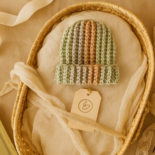 Ribbed baby beanie styled in a woven Moses basket with gauzy fabric, tag, and ribbon, creating a warm, heirloom-quality newborn display.