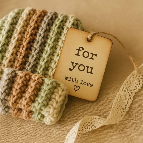 Close-up of ribbed baby beanie with a vintage-style “for you with love” tag, lace ribbon, and soft background for a heartfelt handmade gift presentation.