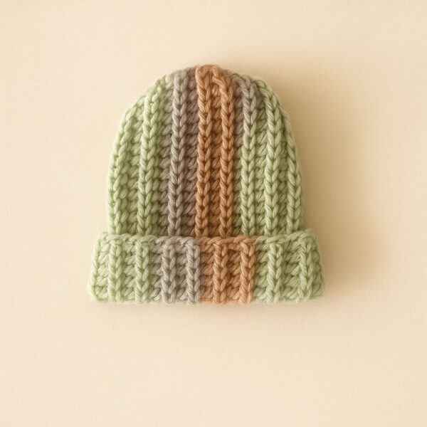 Close-up of ribbed baby beanie in soft vintage yarn colors, displayed on a plain neutral background to show stitch definition and construction.