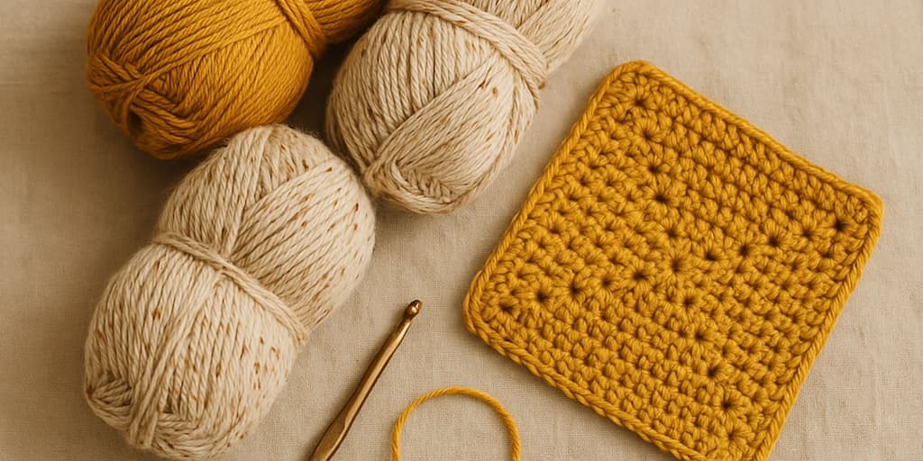 Flat lay of mustard yellow and cream yarn balls beside a finished crochet square and wooden crochet hook on a neutral surface, styled with a cozy modern vintage aesthetic.