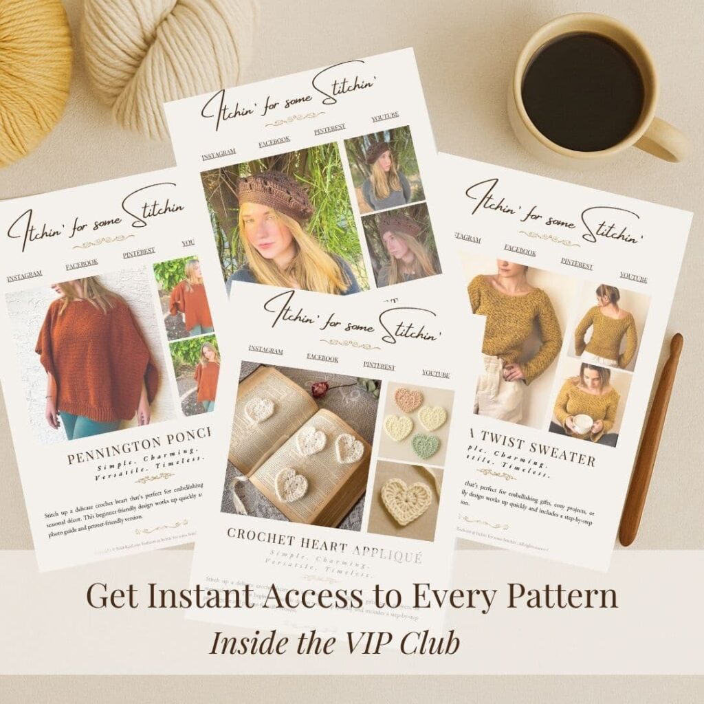 Three printed crochet pattern pages on a soft beige background, with yarn, hook, and coffee. Promotes instant access to all patterns in the VIP Club.