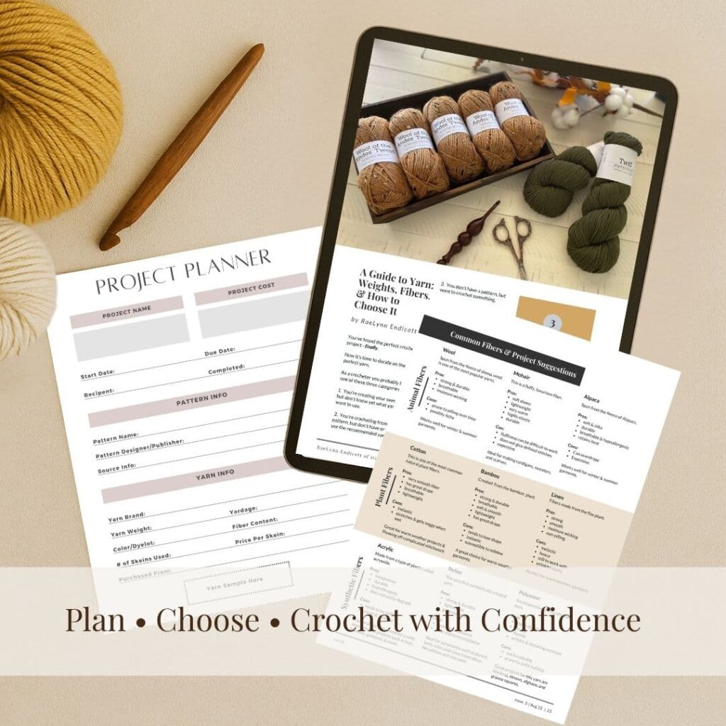 Flat lay of a printable crochet project planner, yarn guide ebook on a tablet, and fiber comparison chart. Highlights current bonus tools for VIP members.