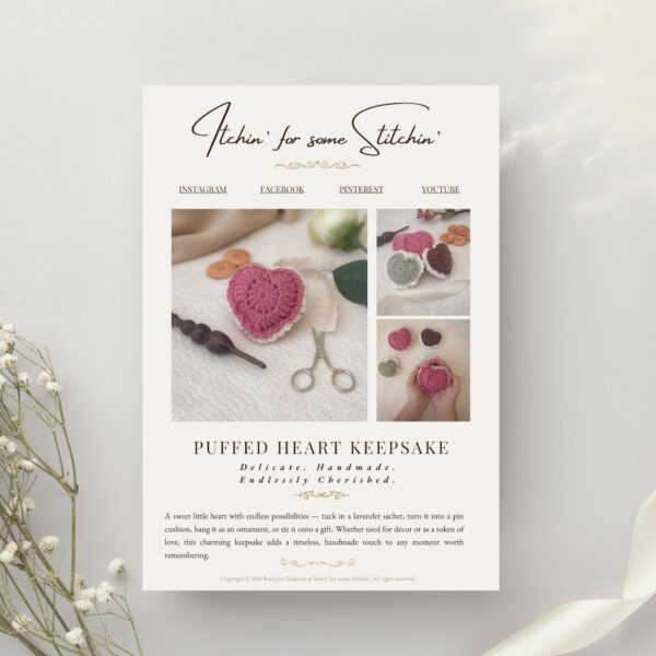 Elegant mockup of a crochet pattern promo for Puffed Heart Keepsake by Itchin’ for Some Stitchin’; features four photos of handmade puffed crochet hearts in soft yarn tones with tools, buttons, and flowers, styled in a modern vintage layout.