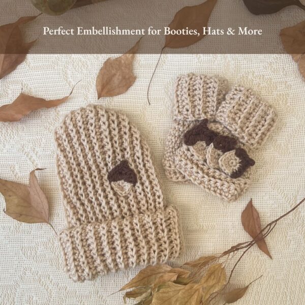 Crochet hat and booties embellished with acorn appliqués — beginner-friendly PDF crochet pattern.
