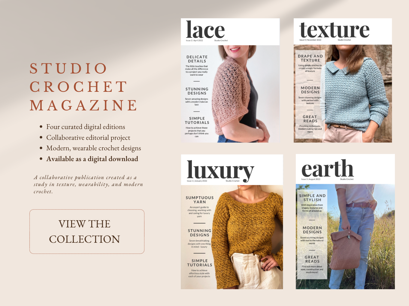 Studio Crochet Magazine digital magazine collection with four curated editions showcasing modern crochet textures, lace, luxury, and earth-inspired designs.