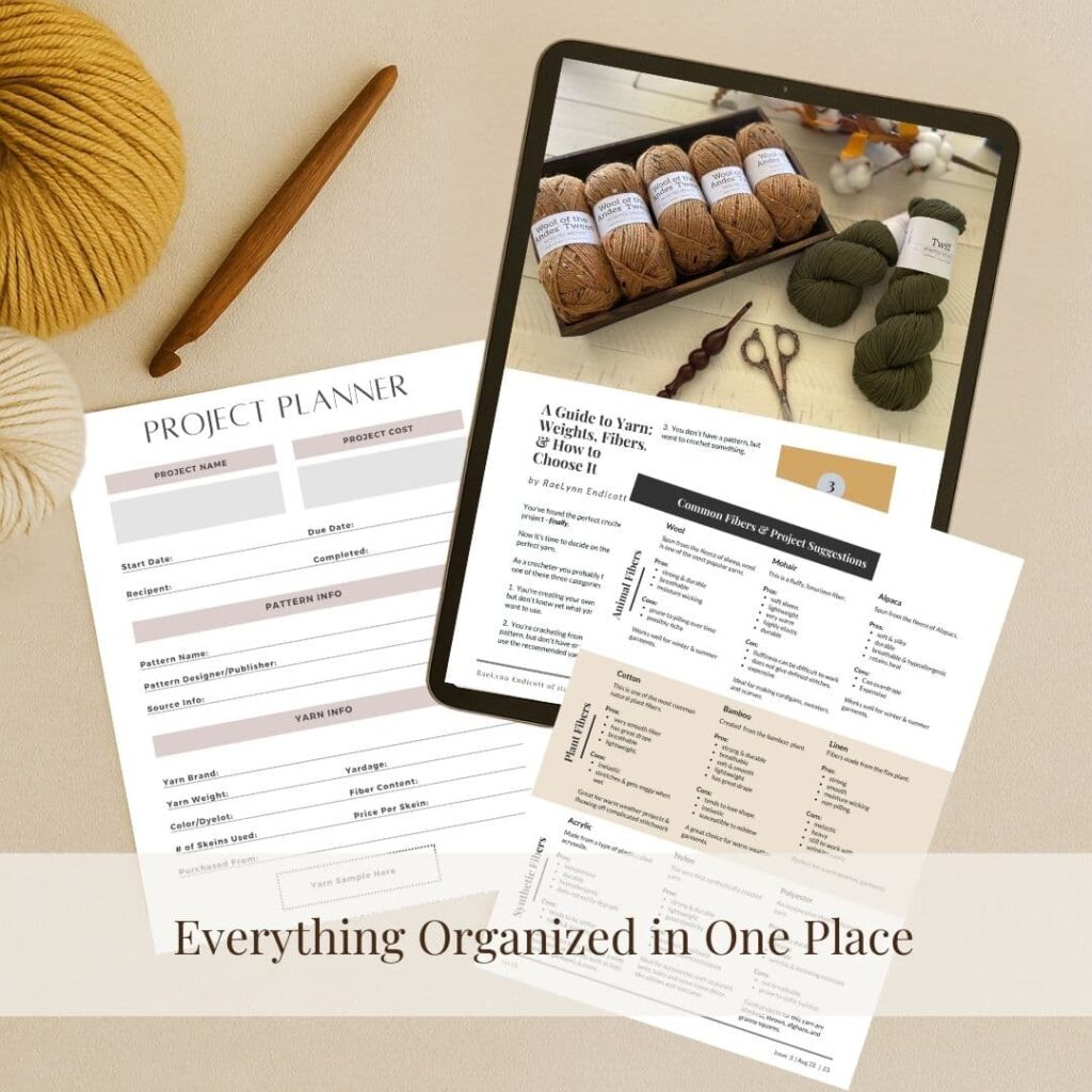 Flat lay of a printable crochet project planner, yarn guide ebook on a tablet, and fiber comparison chart. Highlights current bonus tools for Conservatory members.